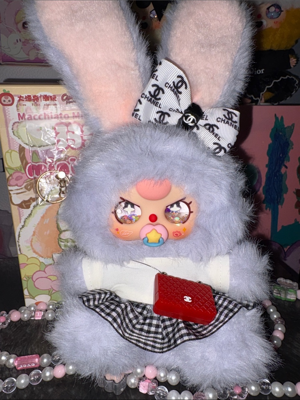Baby three macchiato mini rabbit bag customized outfit and led light face